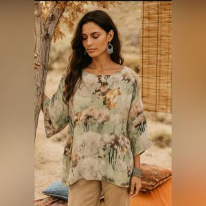 Bryn Walker Blouse Womens Large Artsy Floral Lagenlook Top Beachy Resort